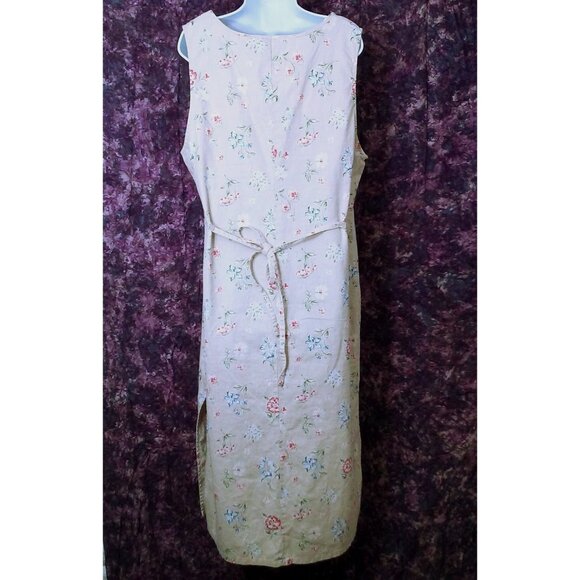 Vintage 90s White Stag Linen Floral Maxi Dress XL Pin-Tucks Side-Slits Belted - Picture 11 of 13